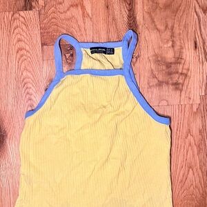 Bershka Yellow Ribbed Halter Tank with Blue Trim